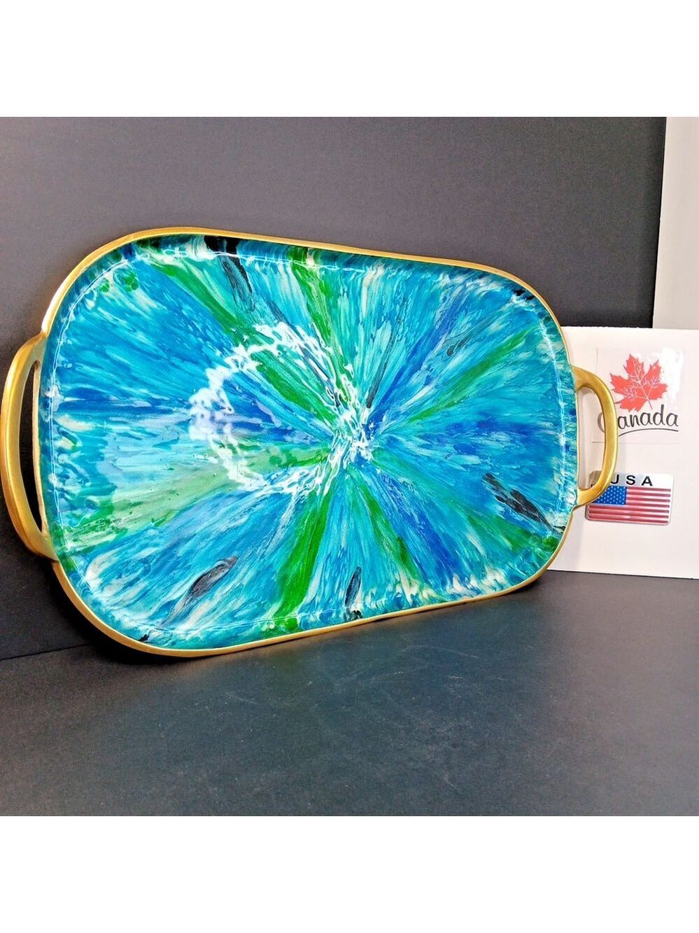Stunning Brass Serving Tray Blue Painted Enamel Beach Ocean Lake 21 X 11.5 WOW!